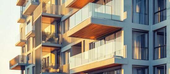 Modern apartment buildings featuring balconies and large windows showcasing a contemporary architectural design with outdoor amenities Mixed media representation