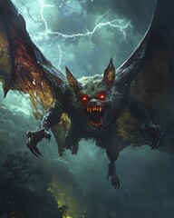 Vampire Bat Creature: A menacing bat with red, glowing eyes, oversized fangs, and torn wings. It has a humanoid face twisted into a sinister grin, and its claws are outstretched as it flies through a 