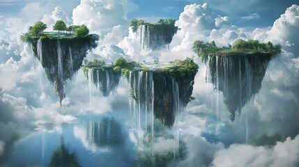 Fantasy landscape with floating islands, lush greenery, and cascading waterfalls in a dreamy, ethereal sky.