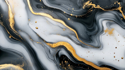 Realistic liquid marble in soft grey with bold gold accents, flowing dynamically through the design for a high-end and elegant abstract background.
