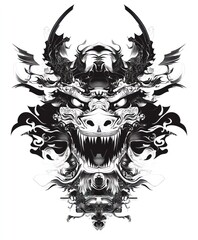 A stylized black and white dragon illustration with intricate details and fierce expression.