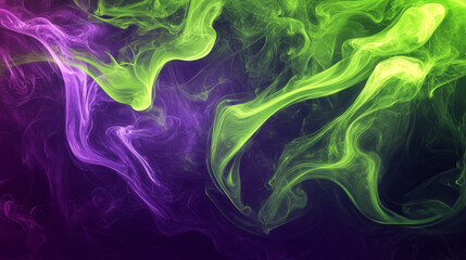 Bold, vibrant trails of neon green and purple smoke burst across the background, creating an energetic abstract design with fluid, dynamic shapes.