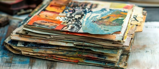 An antique calendar transformed into an art journal serves as a canvas for testing and practicing various techniques featuring an open spread adorned with mixed media artwork