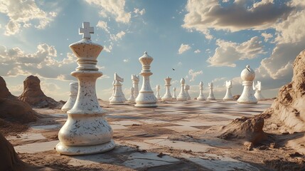 A surreal scene with a giant chessboard in a desert landscape.