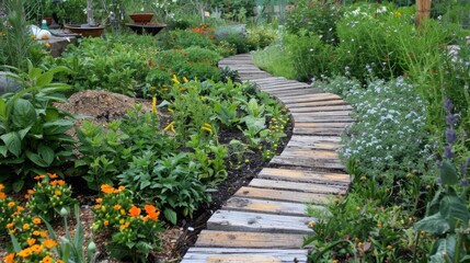 Wooden Path Through a Garden
