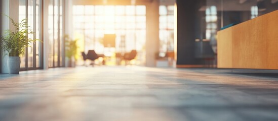 Blurred view of contemporary office interiors featuring a spacious and open work environment