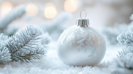 A beautiful white Christmas ornament resting on soft snow, surrounded by frosted pine branches, evoking festive winter charm.