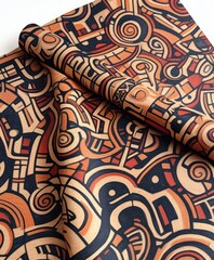A vibrant abstract pattern featuring intricate lines and shapes in earthy tones.