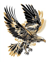 A stylized illustration of an eagle in flight, featuring intricate designs and bold colors.