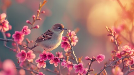 Fototapeta premium A Delicate Bird Perched on a Branch of Pink Blossoms