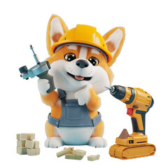 This cute cartoon dog wearing a hard hat is holding a drilling machine and a tool, ready for a construction job.