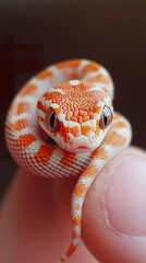 Fototapeta premium photo of a cute baby snake on a fingertip, showcasing its red-and-white patterned face, white fur around its eyes, and detailed skin texture