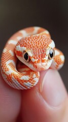 Fototapeta premium photo of a cute baby snake on a fingertip, showcasing its red-and-white patterned face, white fur around its eyes, and detailed skin texture