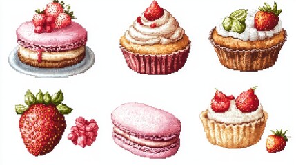 Vector illustration Cross stitch Sweet dessert set with strawberry cake,cupcake,macaroon,sweets pixel art set of icons,vintage, 8 bit, bakery menu,copy space.