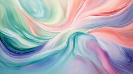 Obraz premium Vibrant fluid swirls of light green, lavender, and coral, blending softly across the canvas in a dynamic yet gentle flow.