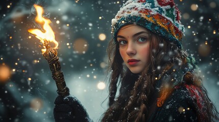 Girl in ethnic headscarf holding torch in snowy night. Winter solstice and Pagan New Year celebration concept. Image for event poster and holiday greeting card.