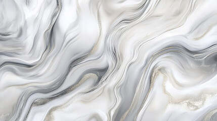 Realistic liquid marble with soft white and pale grey swirls, enhanced by shimmering silver veins flowing through, creating a cool and sophisticated design.