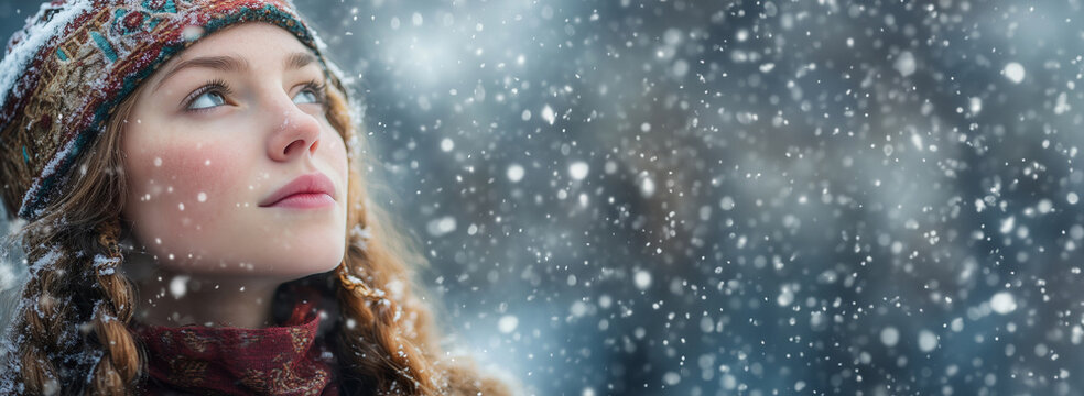 Young woman in knit hat looking up at falling snow. Winter holiday celebration concept. Image for greeting card, banner with copy space. - Powered by Adobe