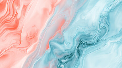 Obraz premium Liquid marble texture with soft coral and pastel blue, creating a smooth and flowing abstract pattern with subtle gradients.