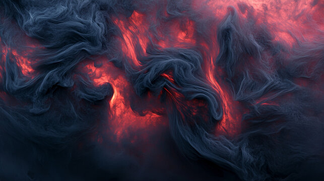 Bold, dark clouds of smoky red and black twist and turn, creating a dramatic and intense abstract background with flowing, organic shapes.