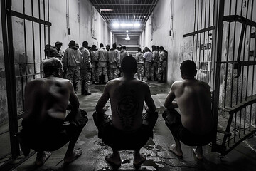 Inmates in a South American prison in poor conditions serving sentences for belonging to Latin gangs