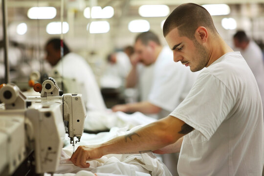 Inmates of a prison in a tailoring workshop working with sewing machines on clothing and bed sheets