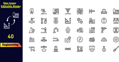 Editable stroke icon set for engineering, featuring icons for blueprints, engineers, tools, construction, and mechanics.