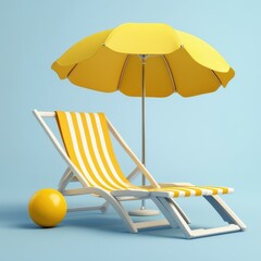 3d Beach Chair Yellow Umbrella and Ball Summer holiday Time to travel concept