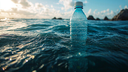 A plastic water bottle floating on ocean waves, capturing the beauty of nature and the impact of pollution on marine life.
