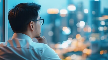 Obraz premium A thoughtful man gazes out at a city skyline, contemplating life and opportunities amid a sea of twinkling lights.