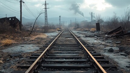 Obraz premium Abandoned Railroad Tracks Leading Through a Post-Industrial Landscape