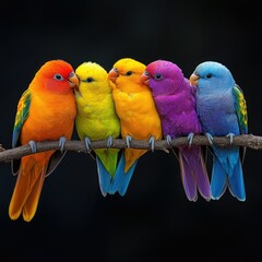 Obraz premium 5 birds sitting on a single branch, each bird has a different color of feathers, vibrant colors, photorealistic detailed photography,
