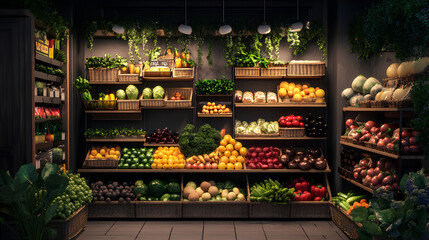shopping shelves filled with fruit and vegetables