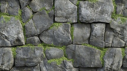 A rough stone wall with green moss growing in the cracks.
