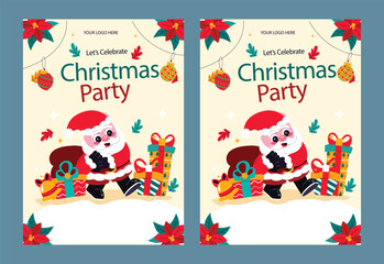 Merry christmas party and gift box for flyer brochure design on red background invitation theme concept. Happy holiday greeting banner and card template.