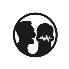 Two facing silhouettes of human heads, with one speaking and the other listening. A sound wave is shown between the two heads, symbolizing the transmission of communication