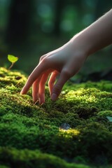 Fototapeta premium Hand Reaching for Leaf on Mossy Rock,