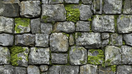 Fototapeta premium A stone wall with green moss growing on it.