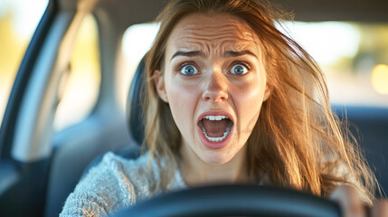 Nervous lady driver with worried expression afraid to drive car by herself for first time or having car accident on road. Generative AI