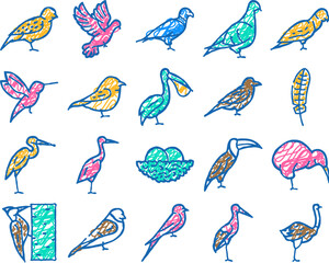 bird flying and eggs in nest doodle icons set vector. sketch line art toucan and eagle, crane and pelican, sparrow and stork flight bird. hummingbird and woodpecker wildlife nature color illustrations