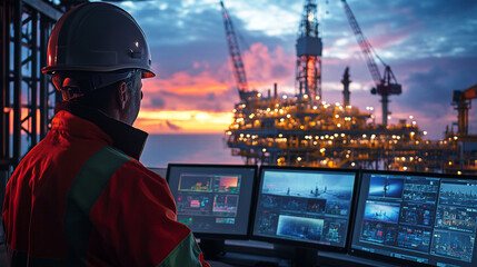 A worker monitors a drilling rig at sunset, showcasing modern technology in the oil and gas industry.