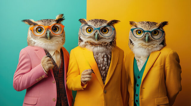 Three owls dressed in colorful work suits and glasses, against a vibrant color background. Generative AI