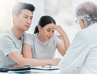 Doctor, couple and stress with results at office on consultation with feedback on diagnosis. People, medical professional and sad patients at clinic for bad news on sickness with support and care