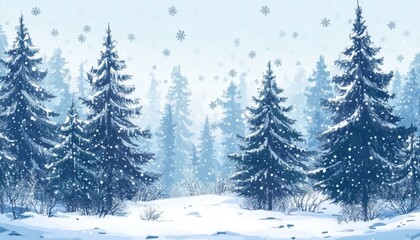 Fototapeta premium Serene Winter Forest: Anime-Style Illustration of Snow-Covered Pine Trees and Dancing Snowflakes. Vibrant Decorative Art for Travel Marketing, Cultural Promotions, and 4K Seasonal Wallpapers. Tranquil