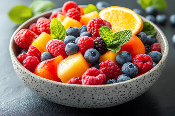Colorful fruit salad with a mix of berries, citrus, and melon, rich in antioxidants, brain health focus.
