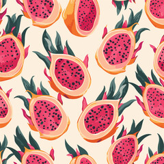 Natural vector pattern with dragon fruit, pitaya, fruit halves on white background 
