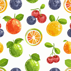 Nature vector pattern with fruits and berries and halves of fruits, blueberry, lemon, tangerine, cherry on white background