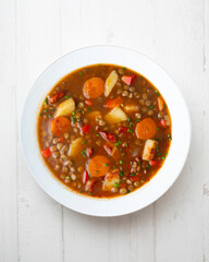 Spicy stewed lentils with vegetables and potatoes. Top view table with decoration.