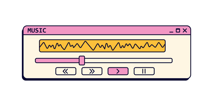 Retro music player for desktop. Nostalgic mediaplayer in pink colors. Old widget from 90s.