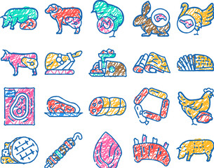 meat raw food domestic animal doodle icons set vector. sketch line art rabbit and mutton, chick and chicken, beef and turkey meat for cooking delicious dish frying barbeque. hen color illustrations
